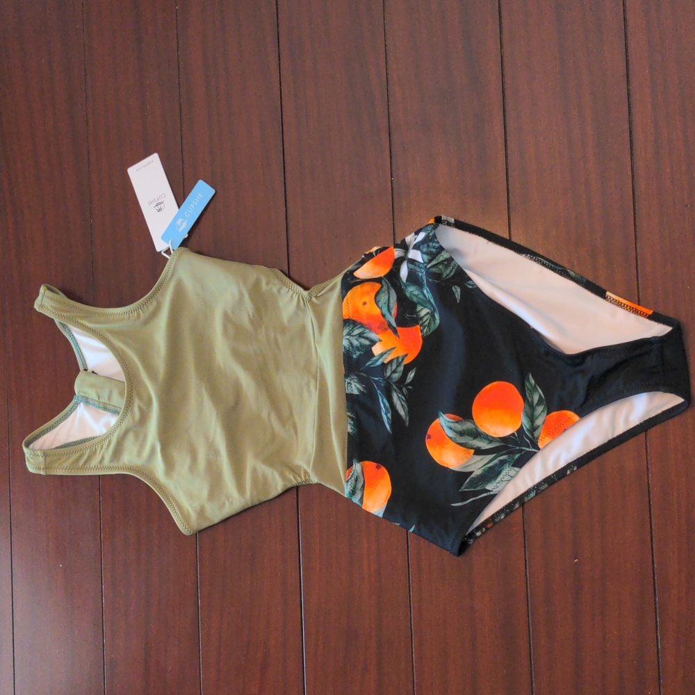 NWT, Cupshe, Women's Swimsuit, One-Piece, Size Small, Olive Green/Black/Orange